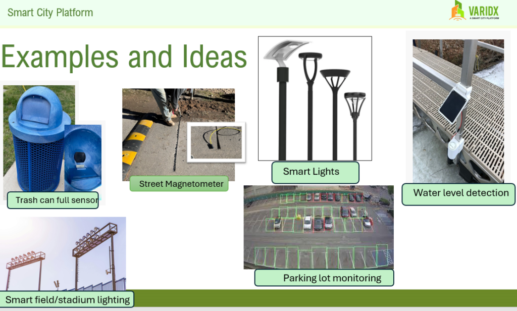 Example of sensors from Varidx partners. Soil moisture, LED lights, parking lot monitoring