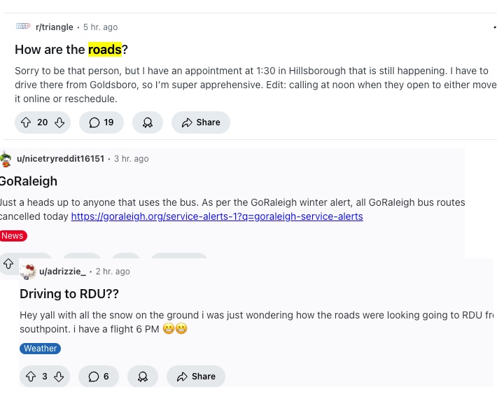 Road Condition Questions on Reddit